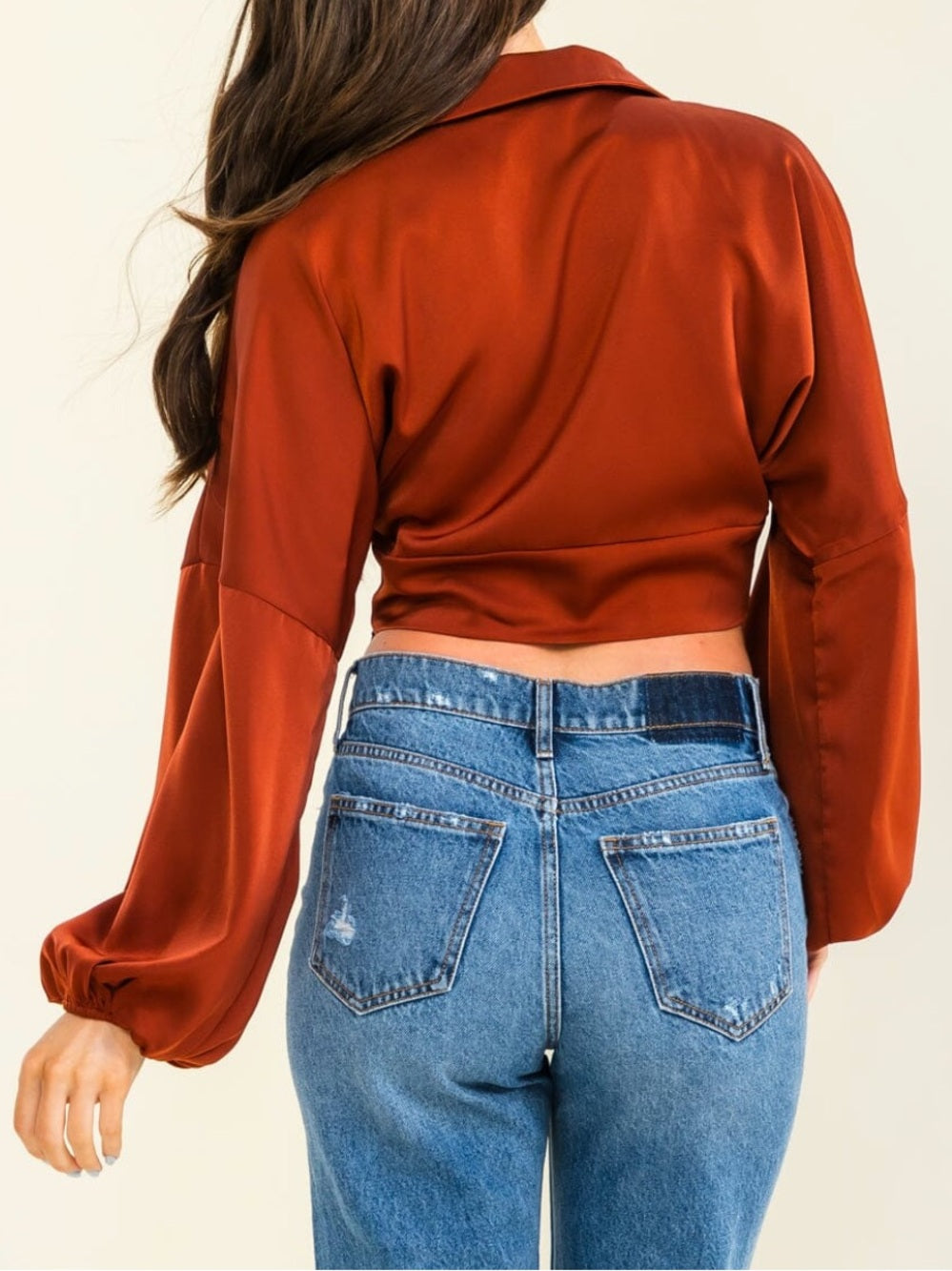 A632 Women's Burnt Orange Cropped Blouse with Balloon Sleeves