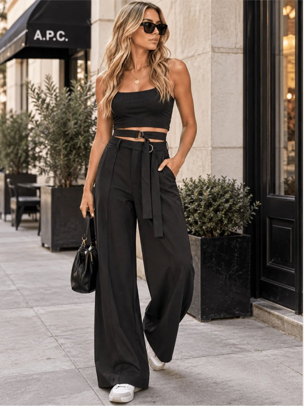 A633 Promesa High-Waist Wide Leg Black Pants with Tie Belt