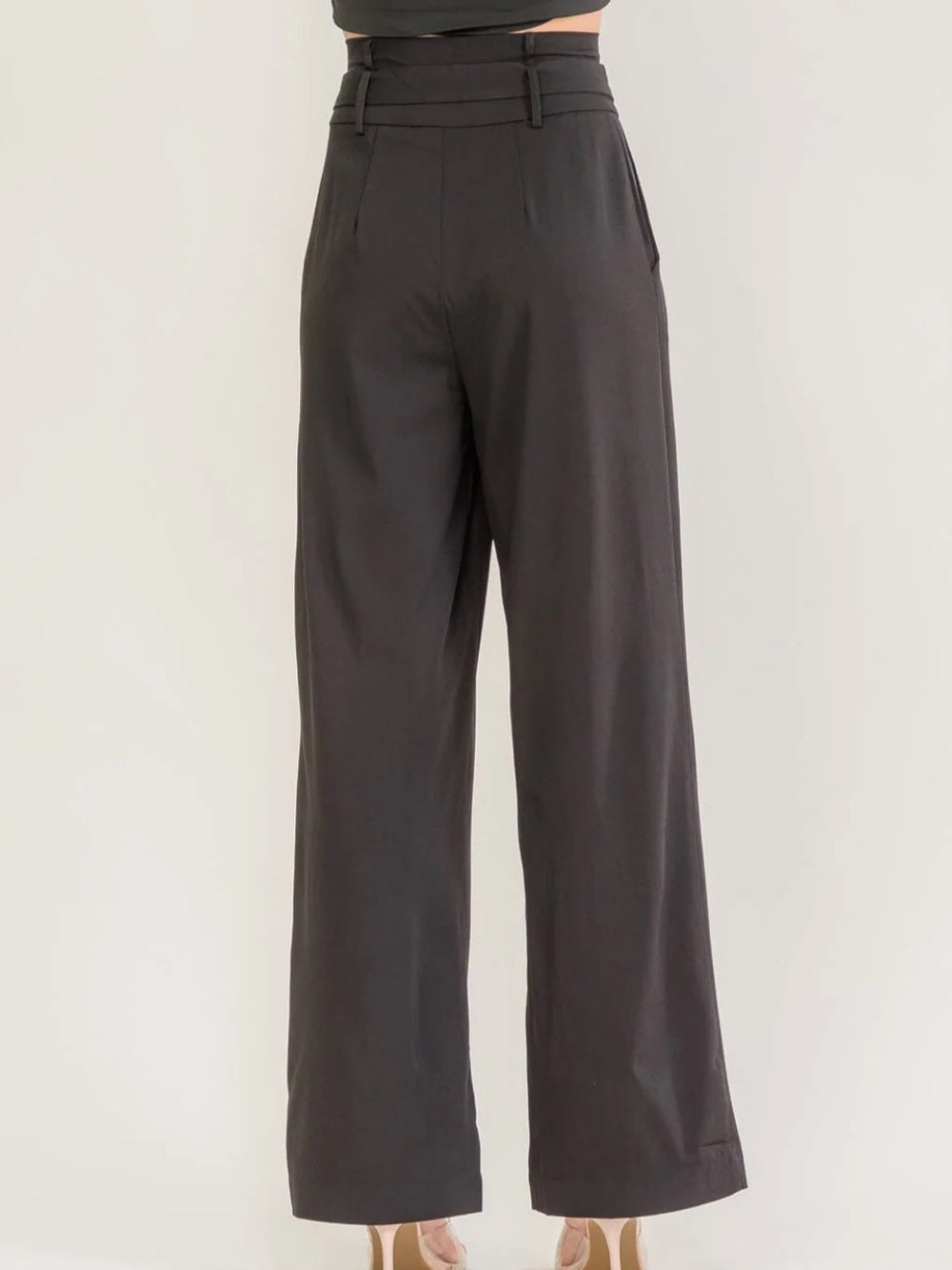 A633 Promesa High-Waist Wide Leg Black Pants with Tie Belt
