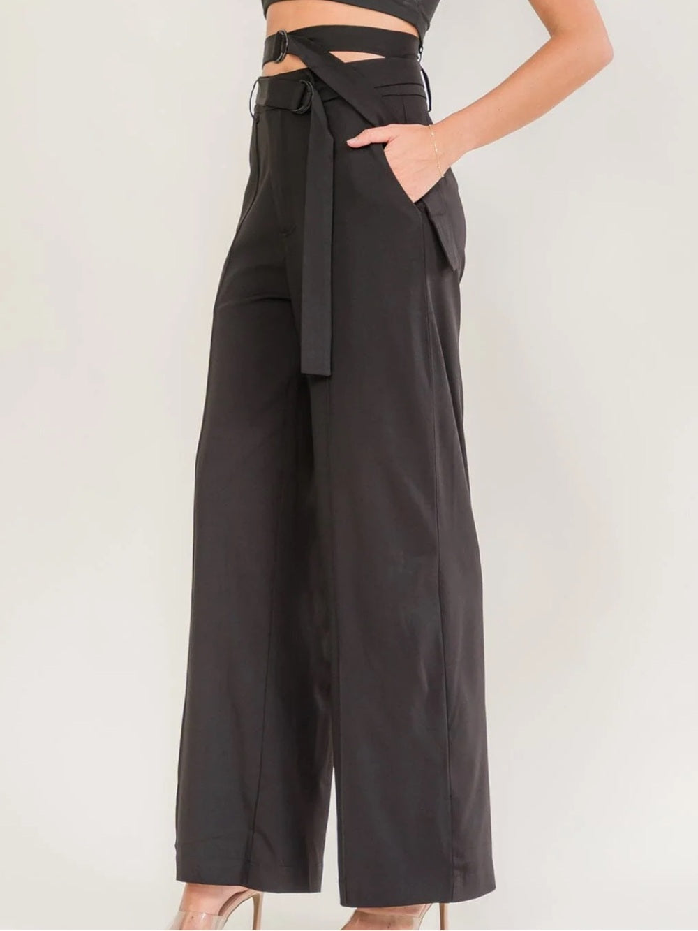 A633 Promesa High-Waist Wide Leg Black Pants with Tie Belt