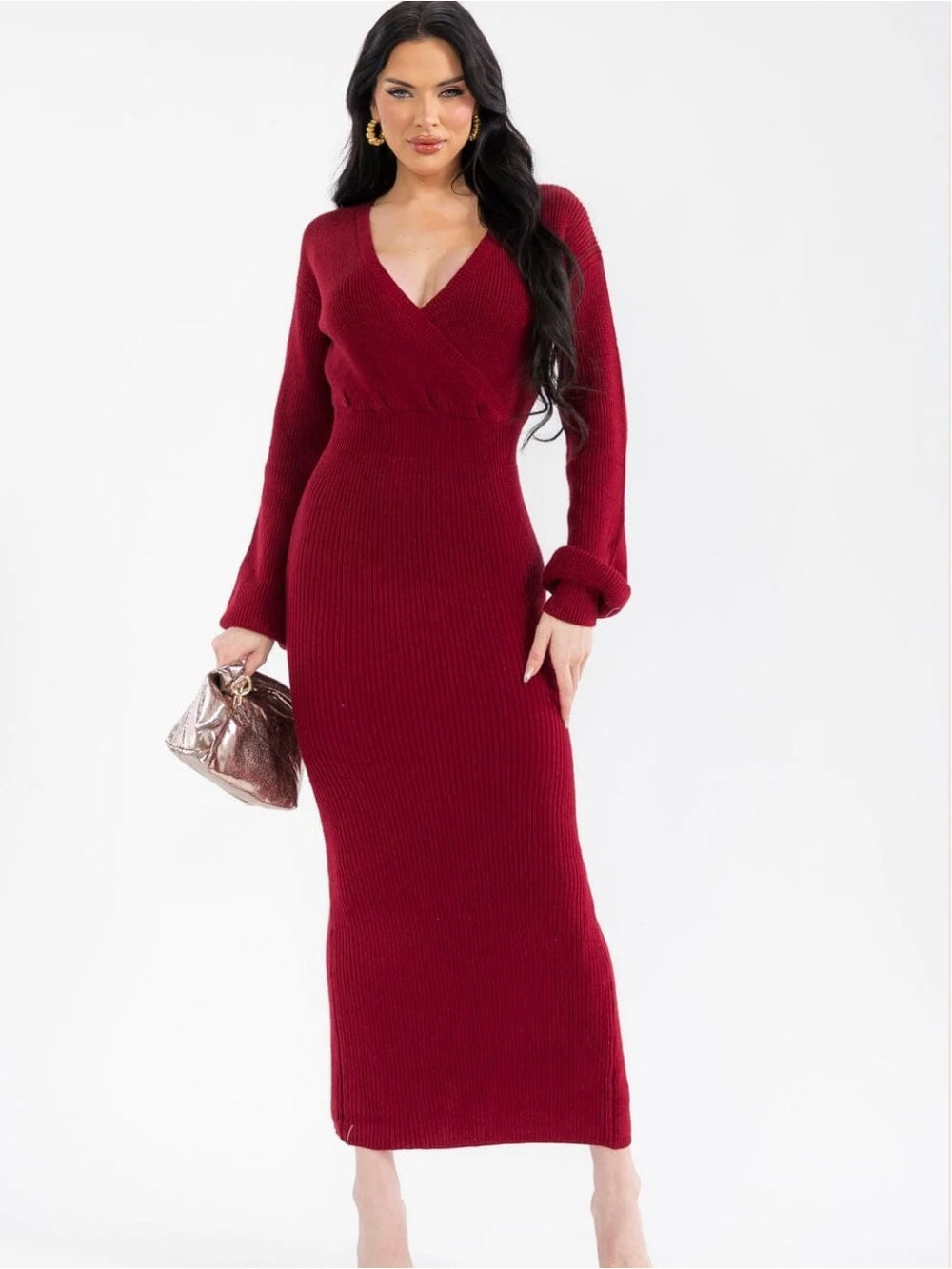 A635 Promesa V-Neck Long Sleeve Knit Maxi Dress - Burgundy