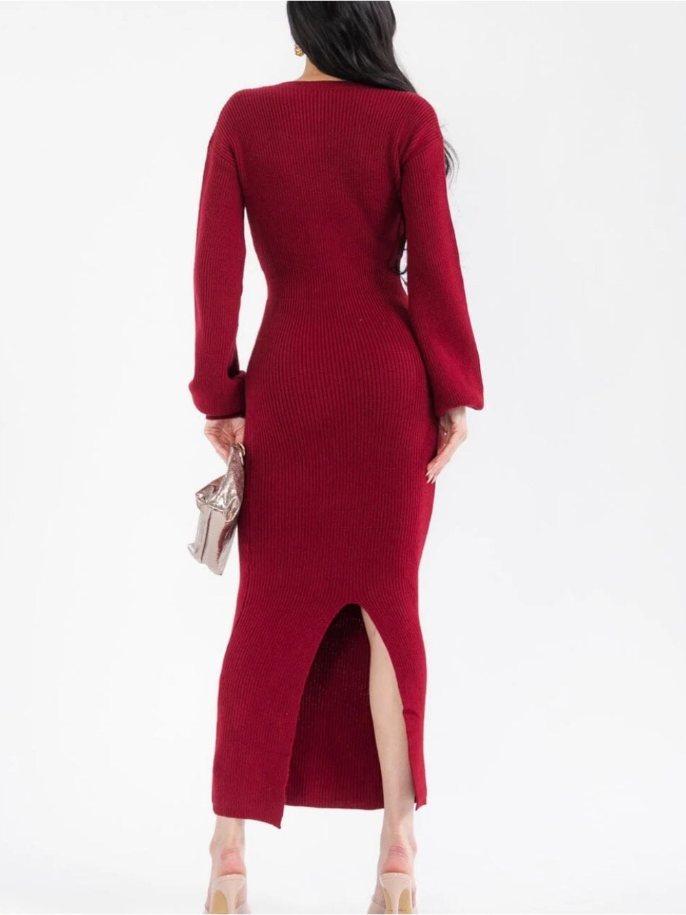 A635 Promesa V-Neck Long Sleeve Knit Maxi Dress - Burgundy