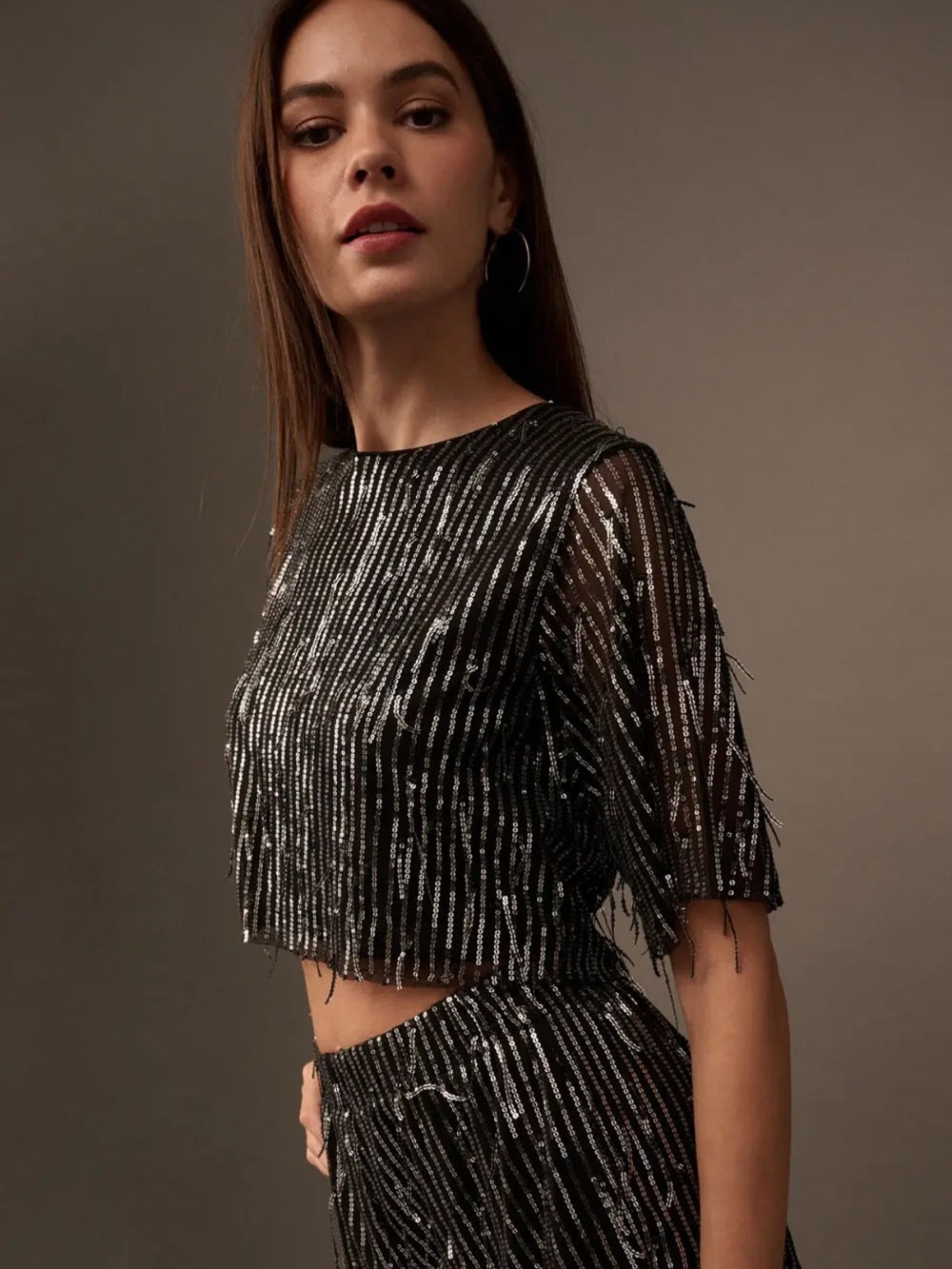 A637 Promesa Metallic Black Sequin Stripe Crop Top - Women