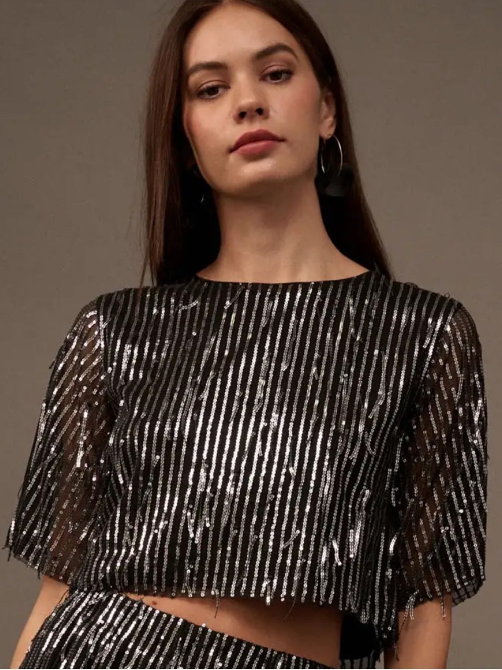 A637 Promesa Metallic Black Sequin Stripe Crop Top - Women