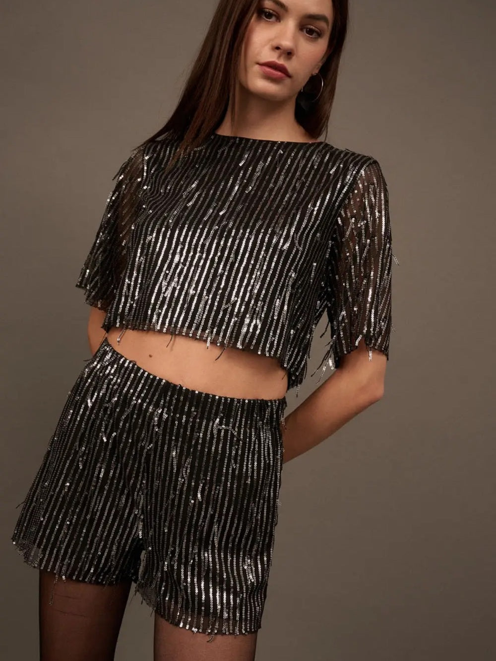 A637 Promesa Metallic Black Sequin Stripe Crop Top - Women