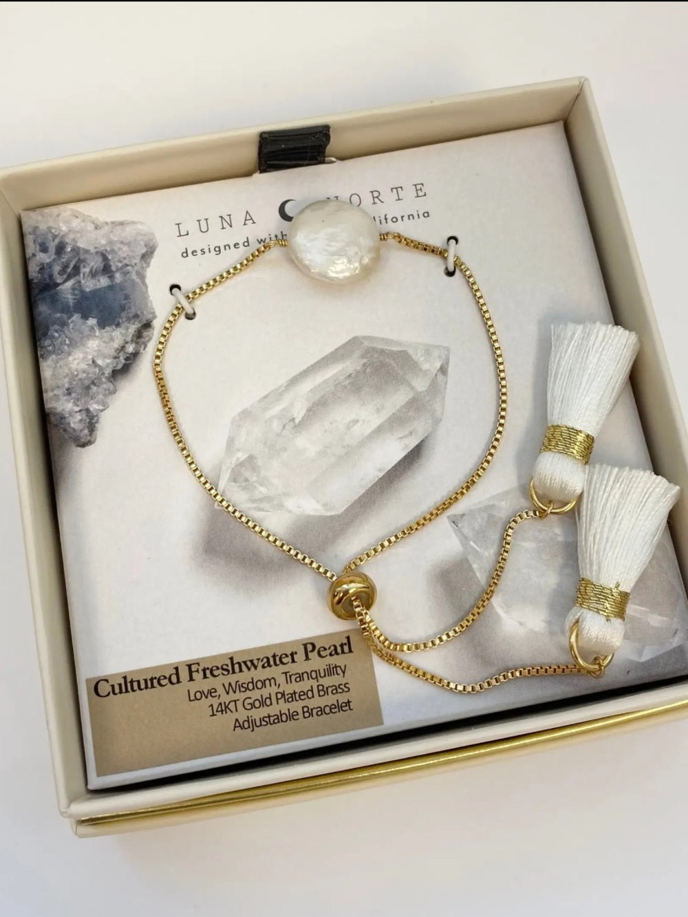 Luna Norte Gold Pearl Slider Bracelet with White Tassels