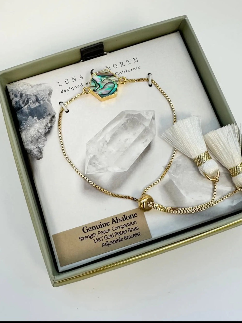Luna Norte Gold-Plated Abalone Hexagon Bracelet with White Tassels