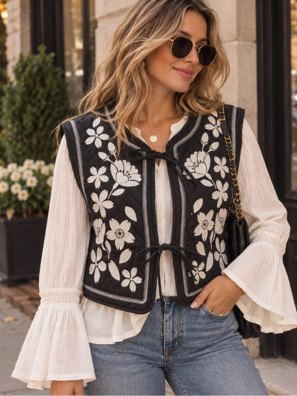A638. Embroidered Floral Tie-Front Quilted Vest - Black / White