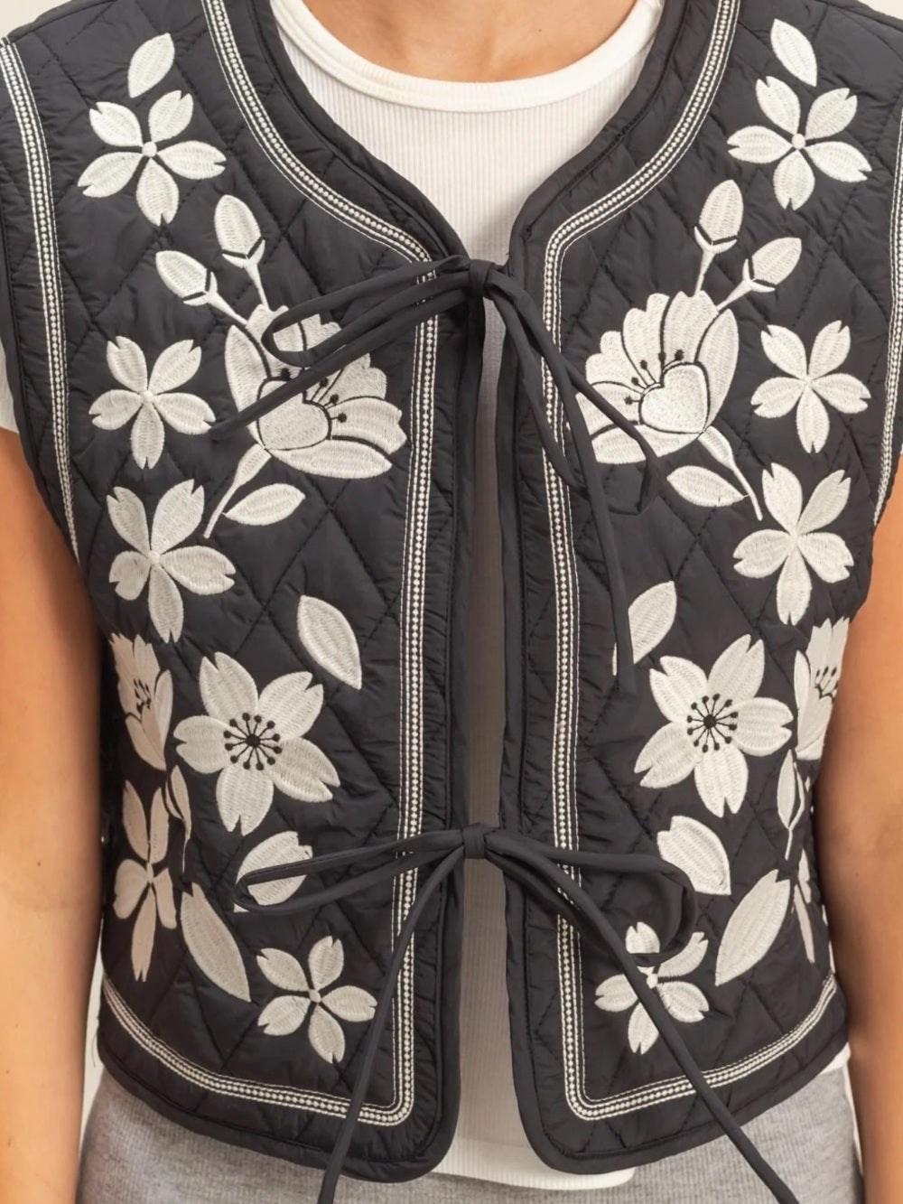 A638. Embroidered Floral Tie-Front Quilted Vest - Black / White