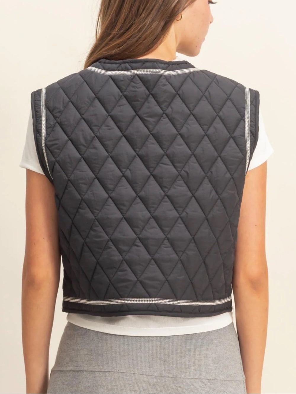 A638. Embroidered Floral Tie-Front Quilted Vest - Black / White
