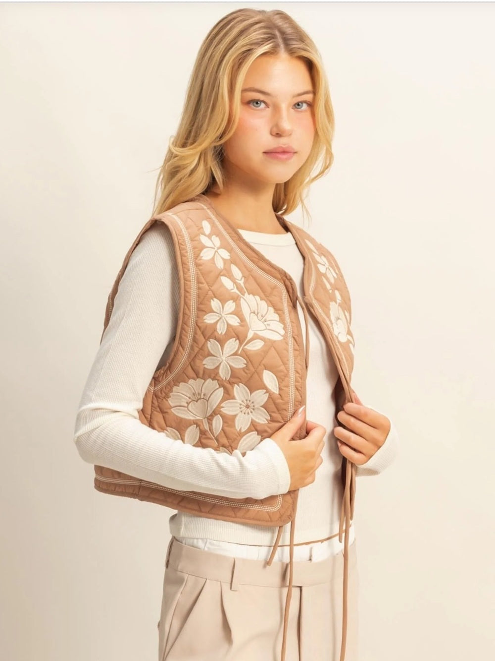 A639. Quilted Floral Appliqué Vest in Camel