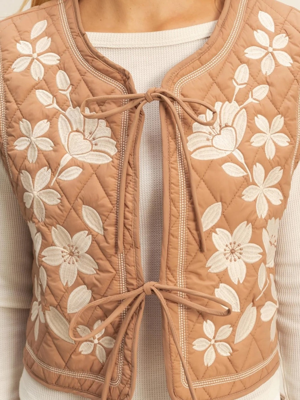 A639. Quilted Floral Appliqué Vest in Camel