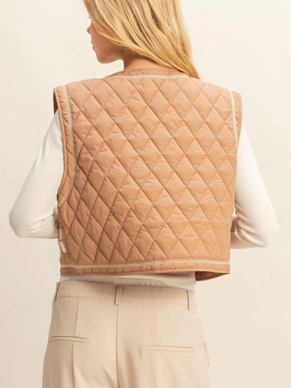 A639. Quilted Floral Appliqué Vest in Camel