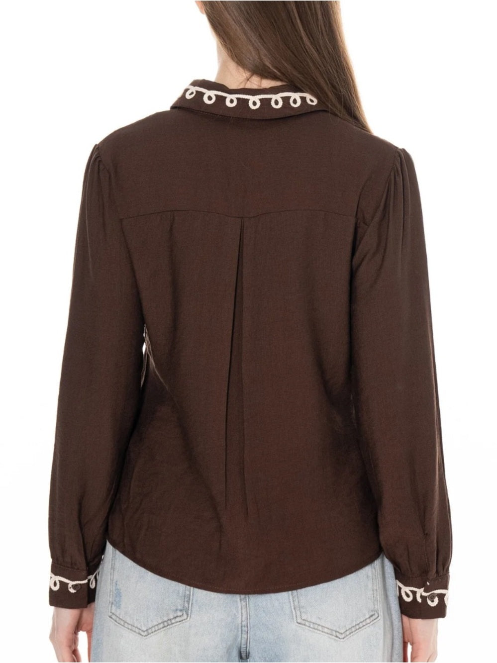 A640 Women's Brown Button-Up Blouse with Decorative Trim