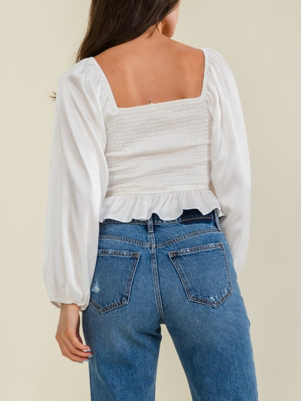 A642. White Ruched Peplum Blouse with Balloon Sleeves