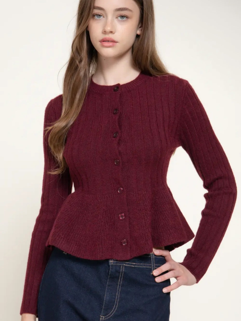 A643. Women’s Burgundy Ribbed Button-Front Peplum Sweater