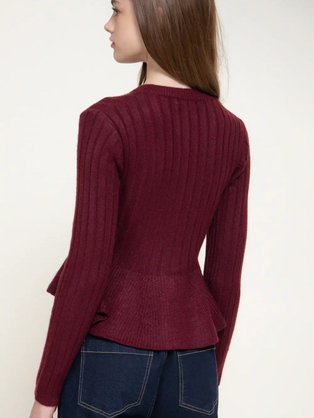 A643. Women’s Burgundy Ribbed Button-Front Peplum Sweater