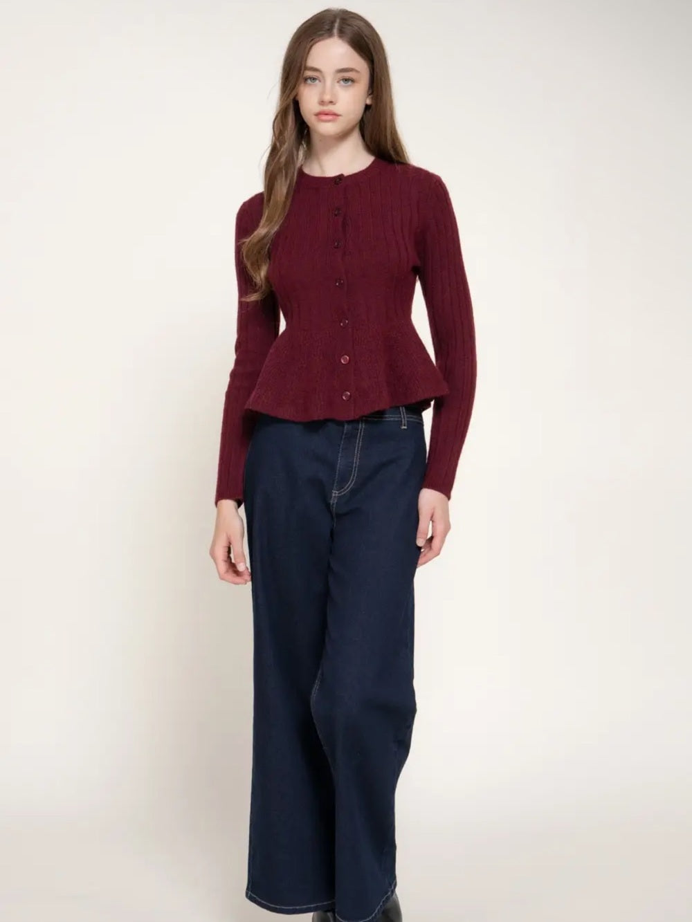 A643. Women’s Burgundy Ribbed Button-Front Peplum Sweater