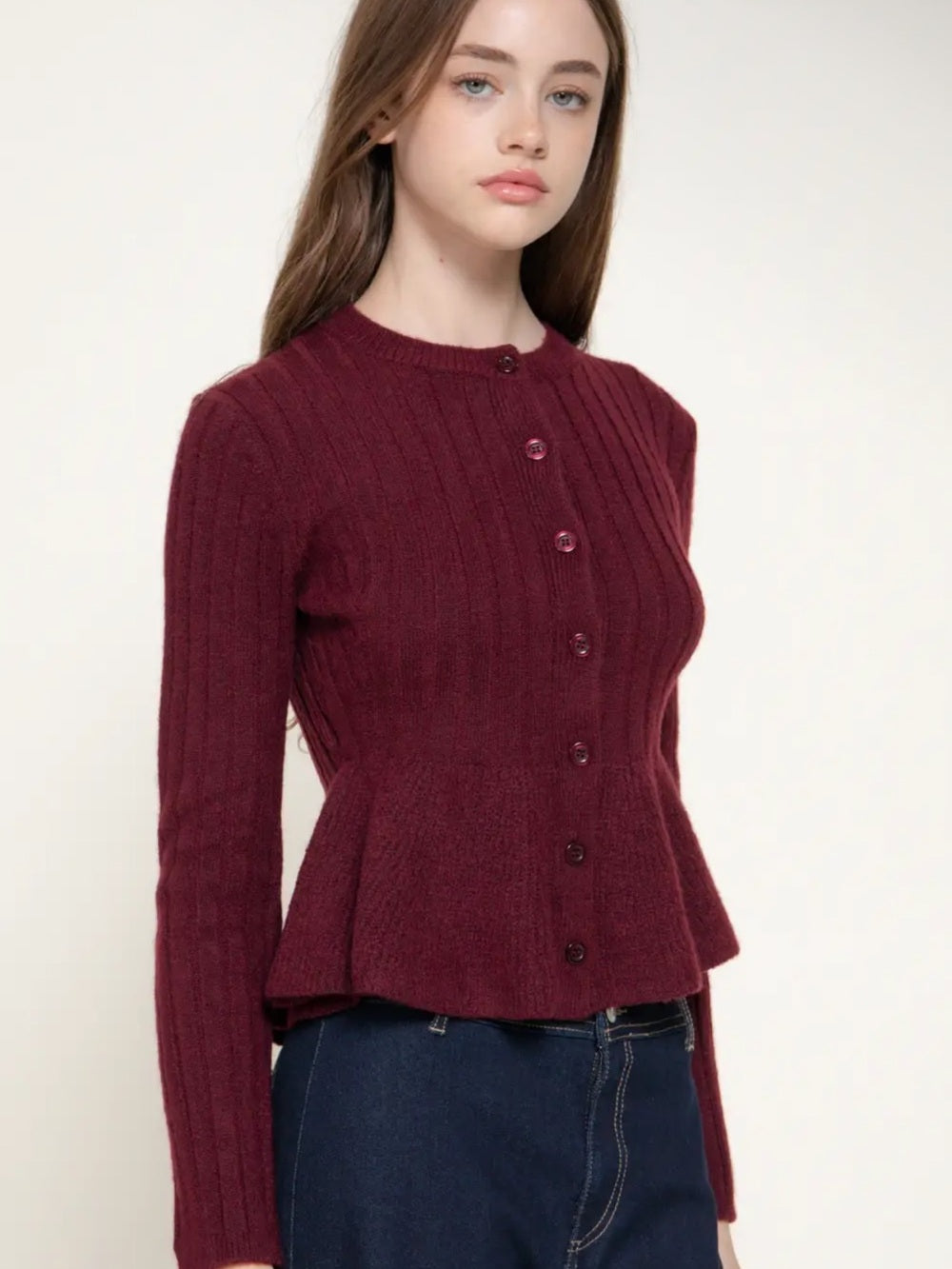 A643. Women’s Burgundy Ribbed Button-Front Peplum Sweater