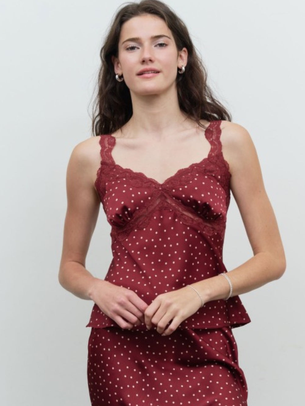 A644. Lace Trim Polka Dot Satin Cami in Burgundy