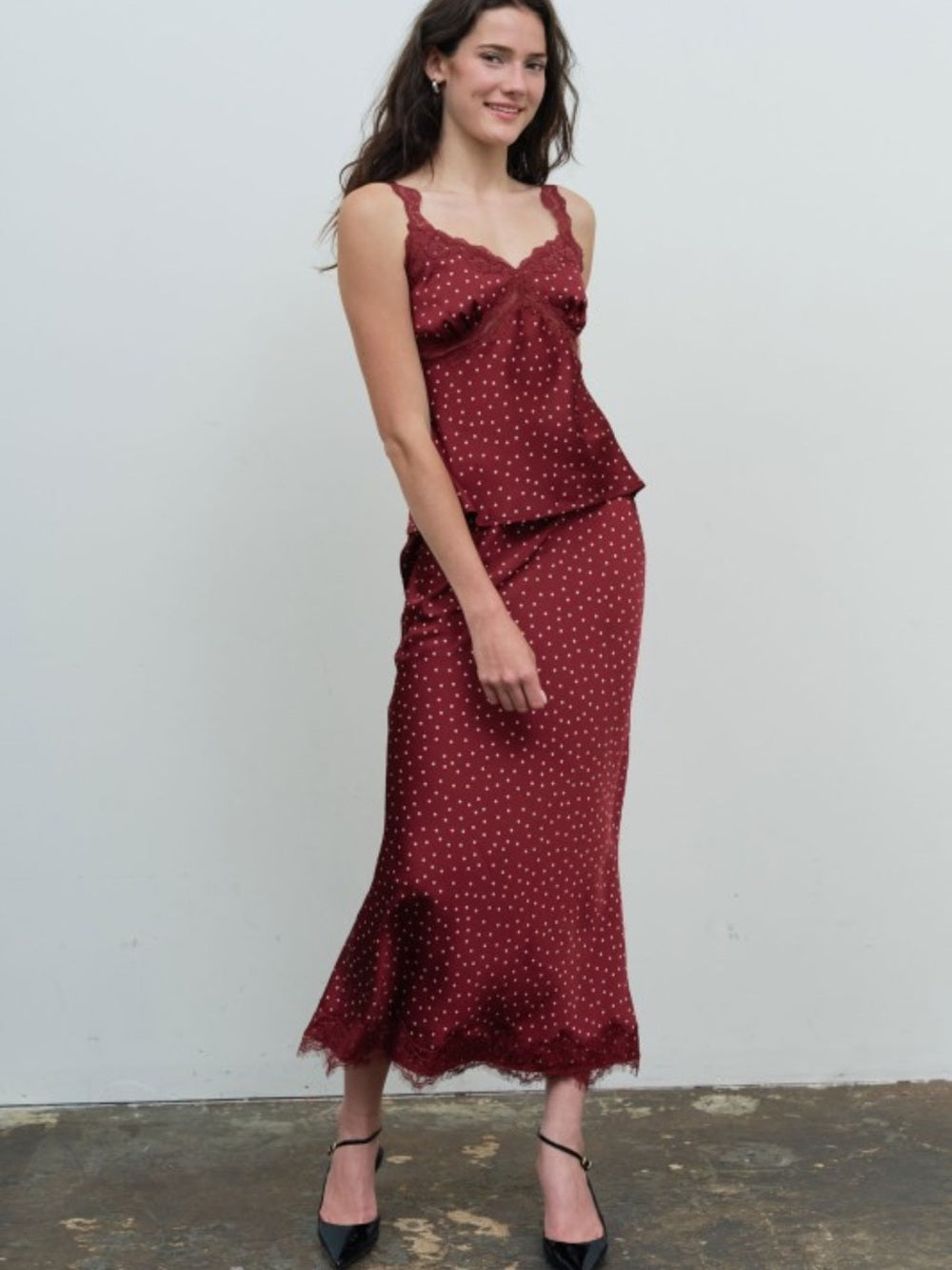 A645. Wine Red Polka Dot Lace-Hem Midi Skirt