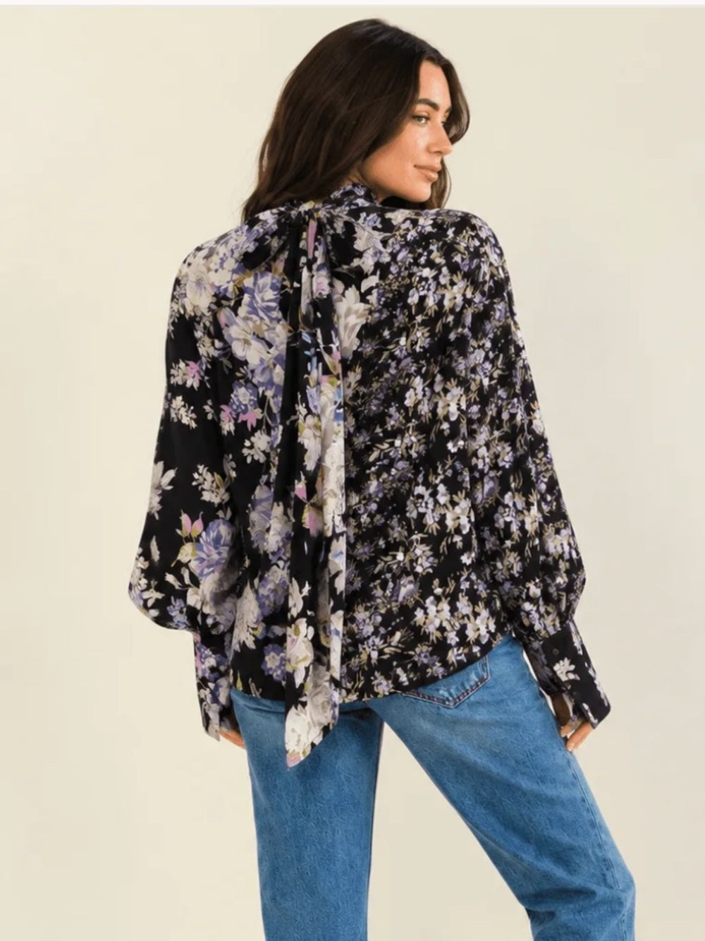 A647. Black Floral Button-Up Blouse with Lavender and Cream Accents
