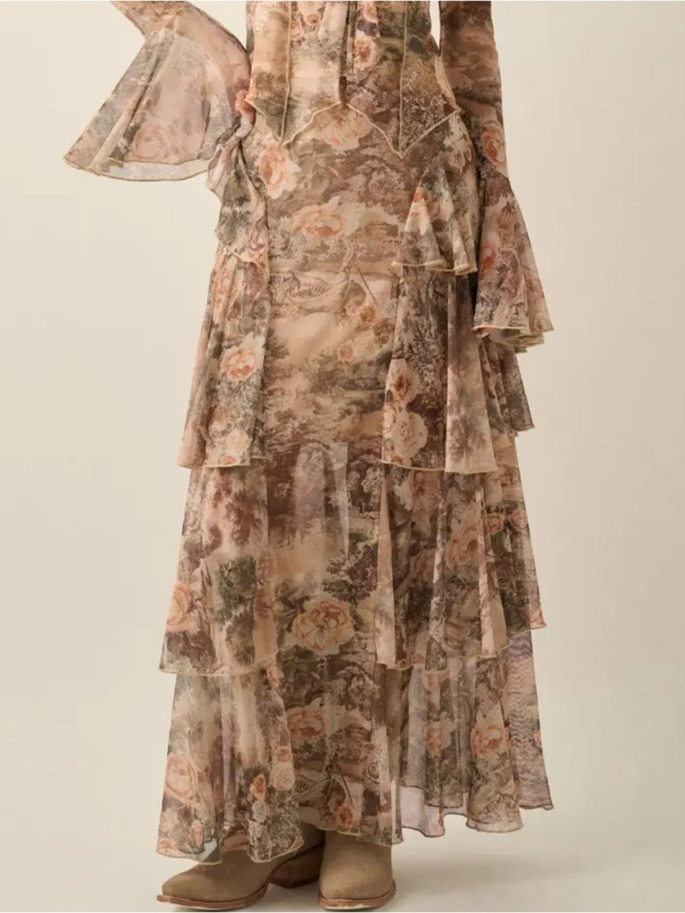 A650 Promesa Bohemian Tiered Floral Maxi Skirt in Blush Taupe