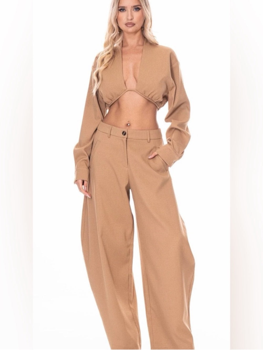 A646. Barrel Wide Leg High-Waist Trousers in Camel