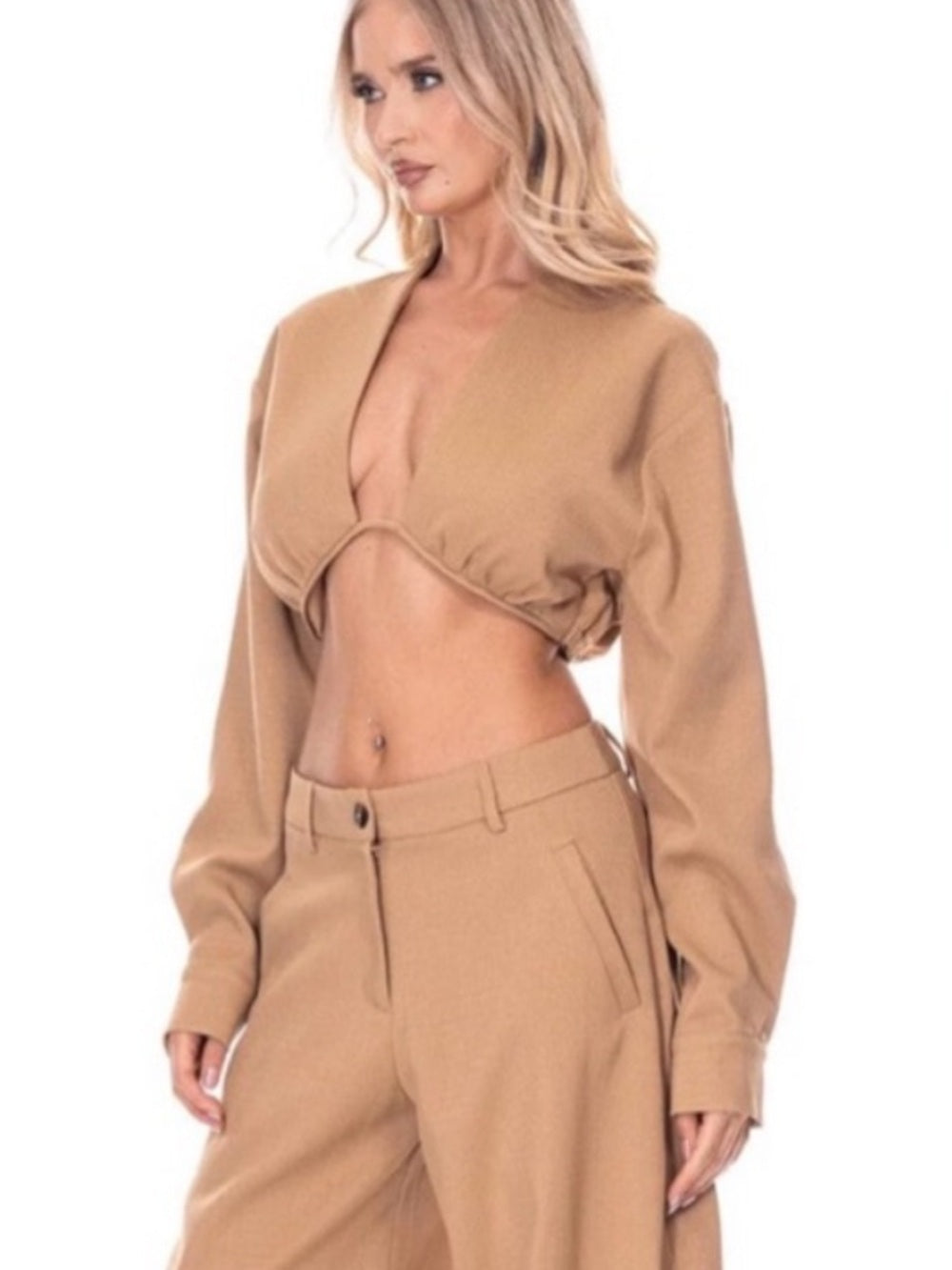 A647. Cropped Deep V Long-Sleeve Top in Camel