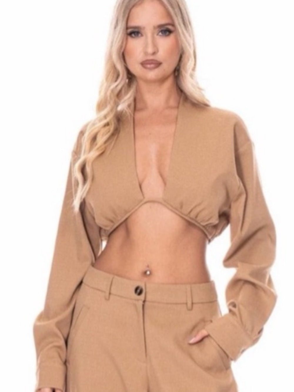 A647. Cropped Deep V Long-Sleeve Top in Camel