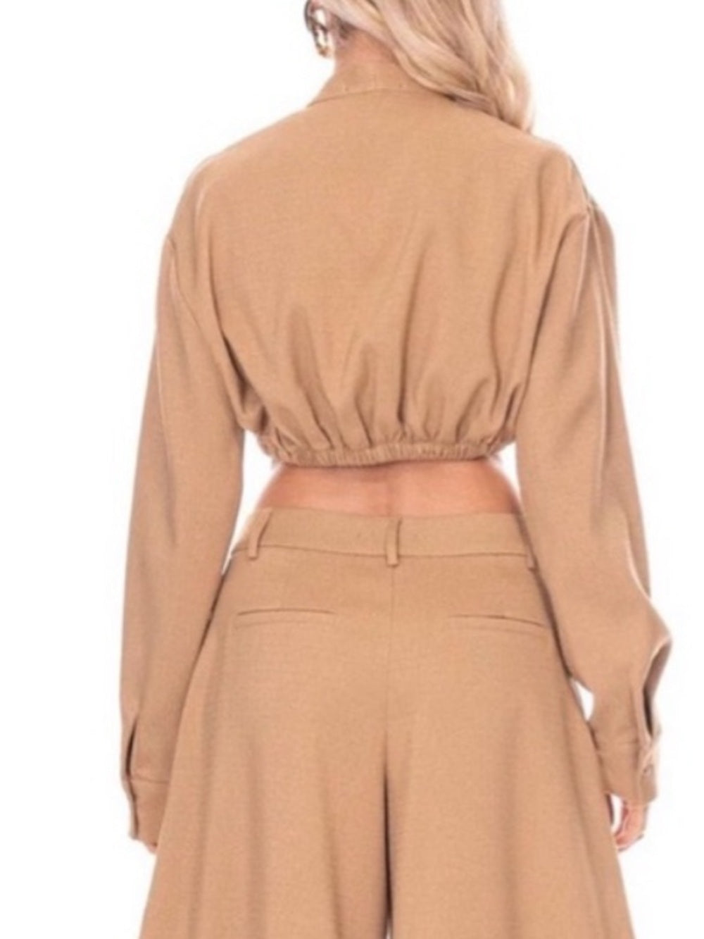 A647. Cropped Deep V Long-Sleeve Top in Camel