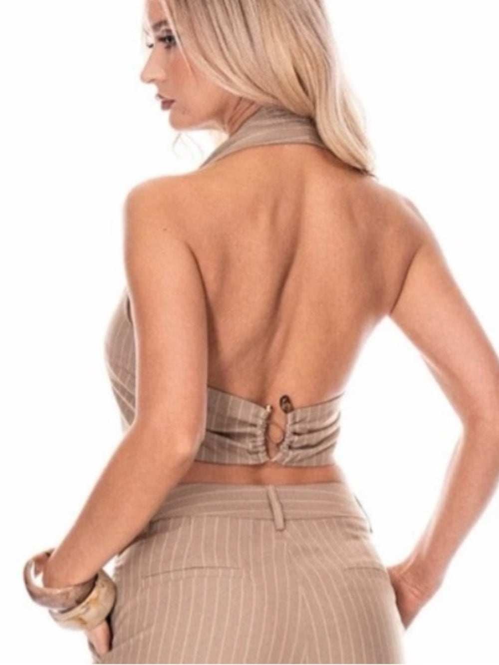 A649. Striped Tan Halter Crop Top with Front Buttons