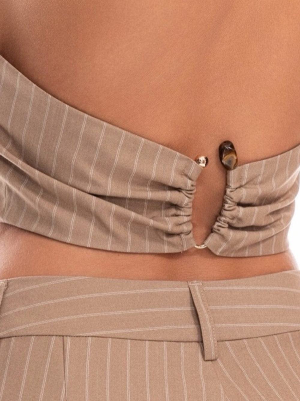 A649. Striped Tan Halter Crop Top with Front Buttons