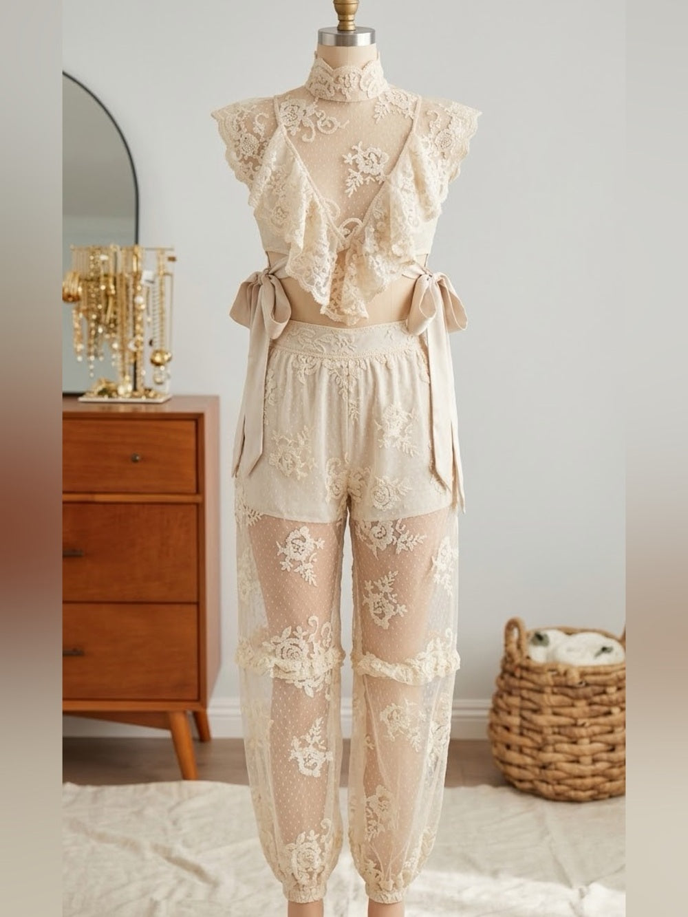 A650. Delicate Lace Tie-Waist Top and Pant Set in Cream