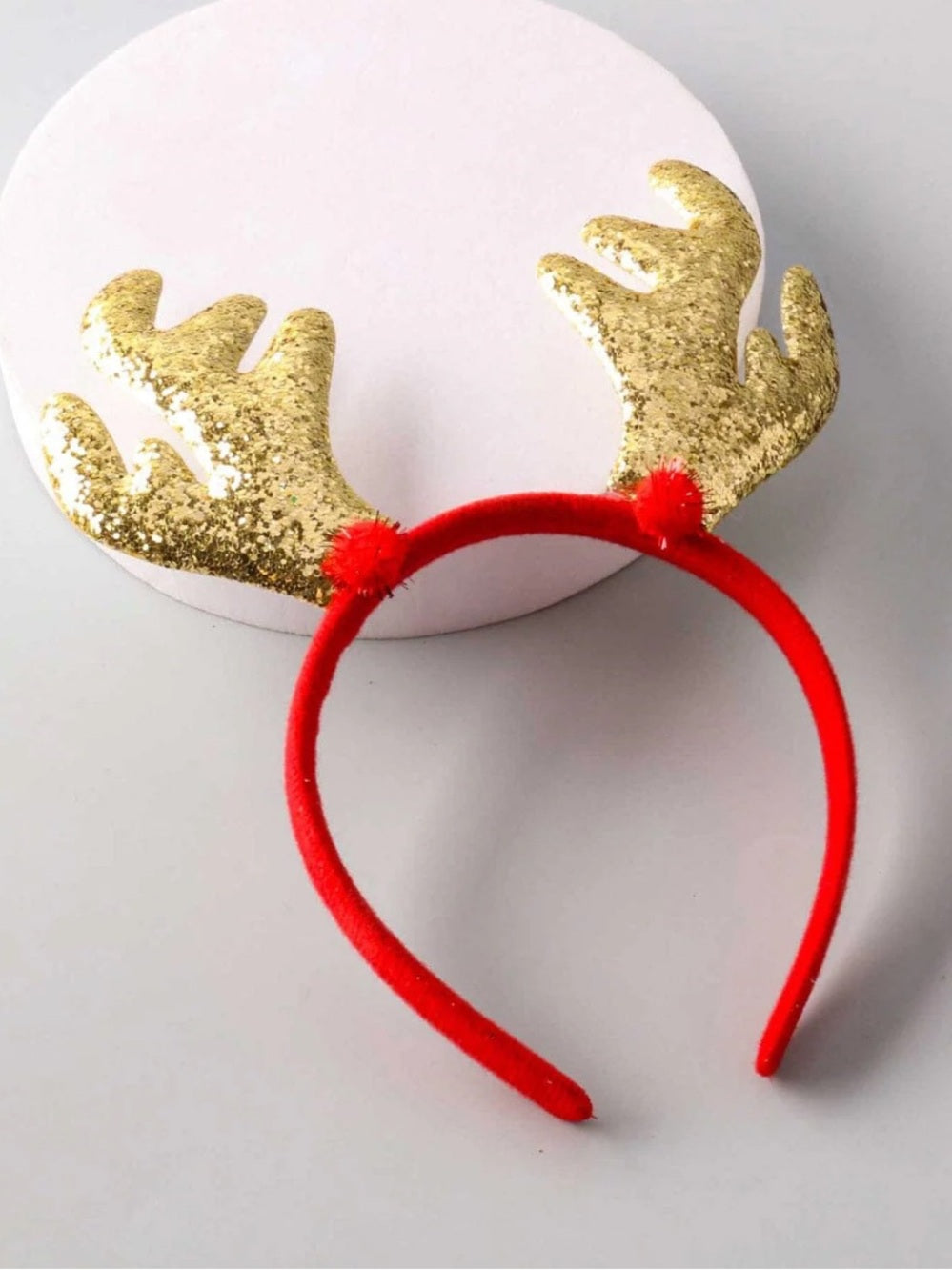 Festive Red Headband with Gold Glitter Reindeer Antlers