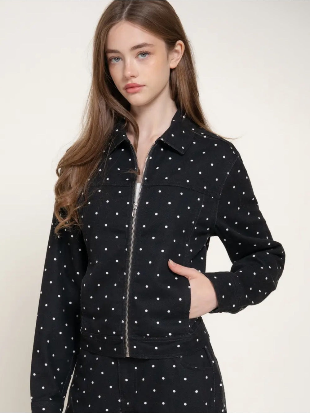 A650. Black Polka Dot Zip-Front Jacket