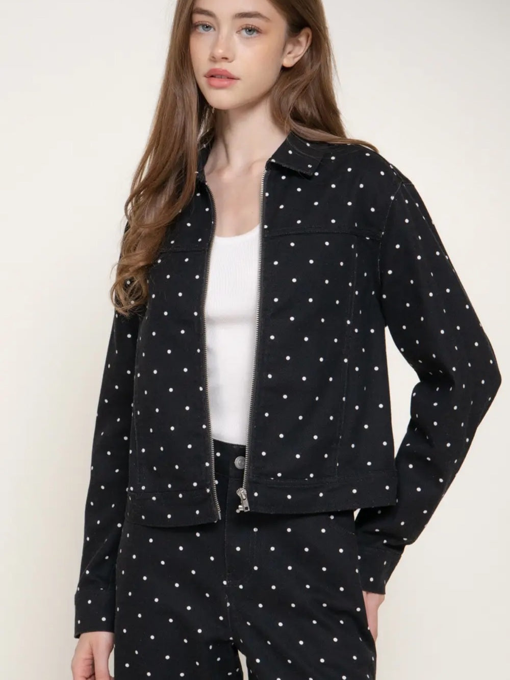 A650. Black Polka Dot Zip-Front Jacket