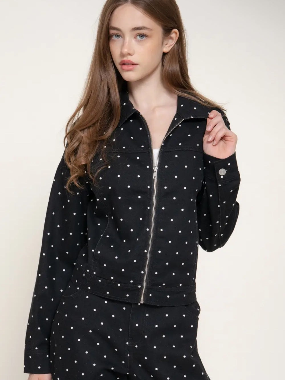 A650. Black Polka Dot Zip-Front Jacket