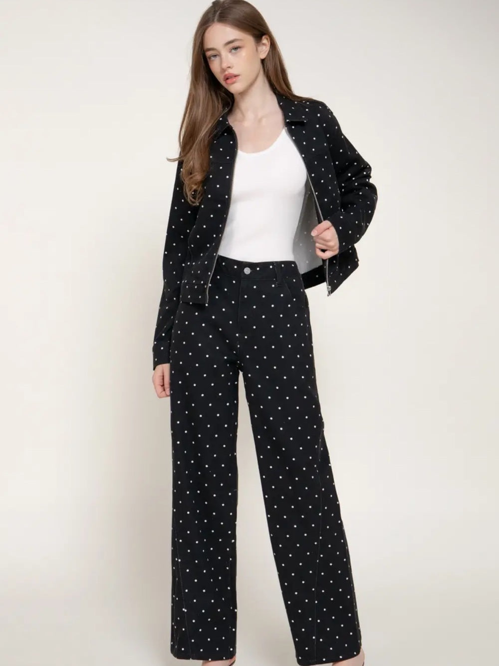 A650. Black Polka Dot Zip-Front Jacket