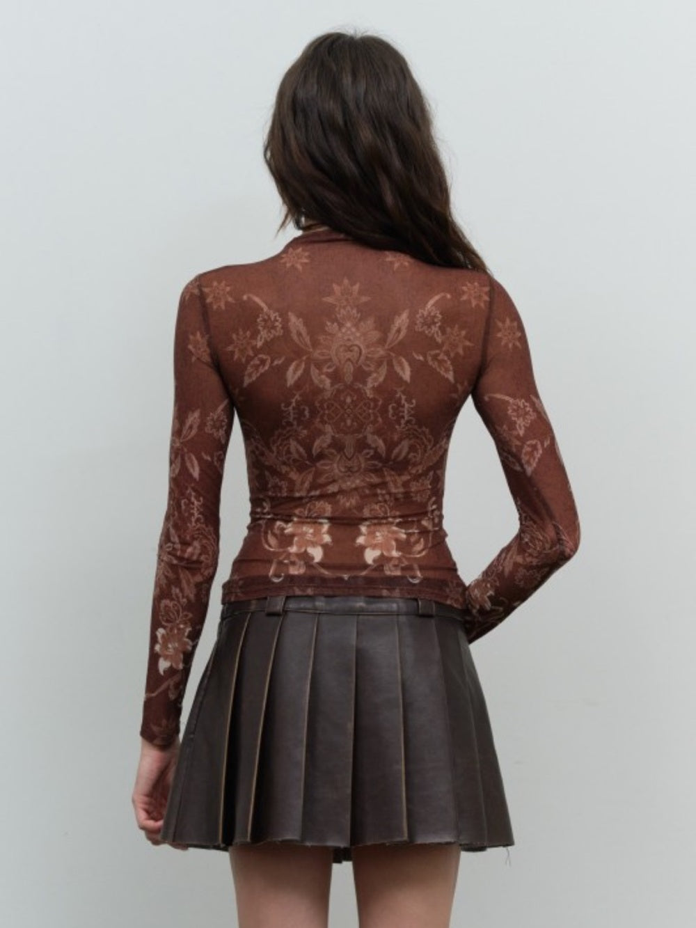 A651 Long-Sleeve Brown Sheer Mesh Floral Mock Neck Top