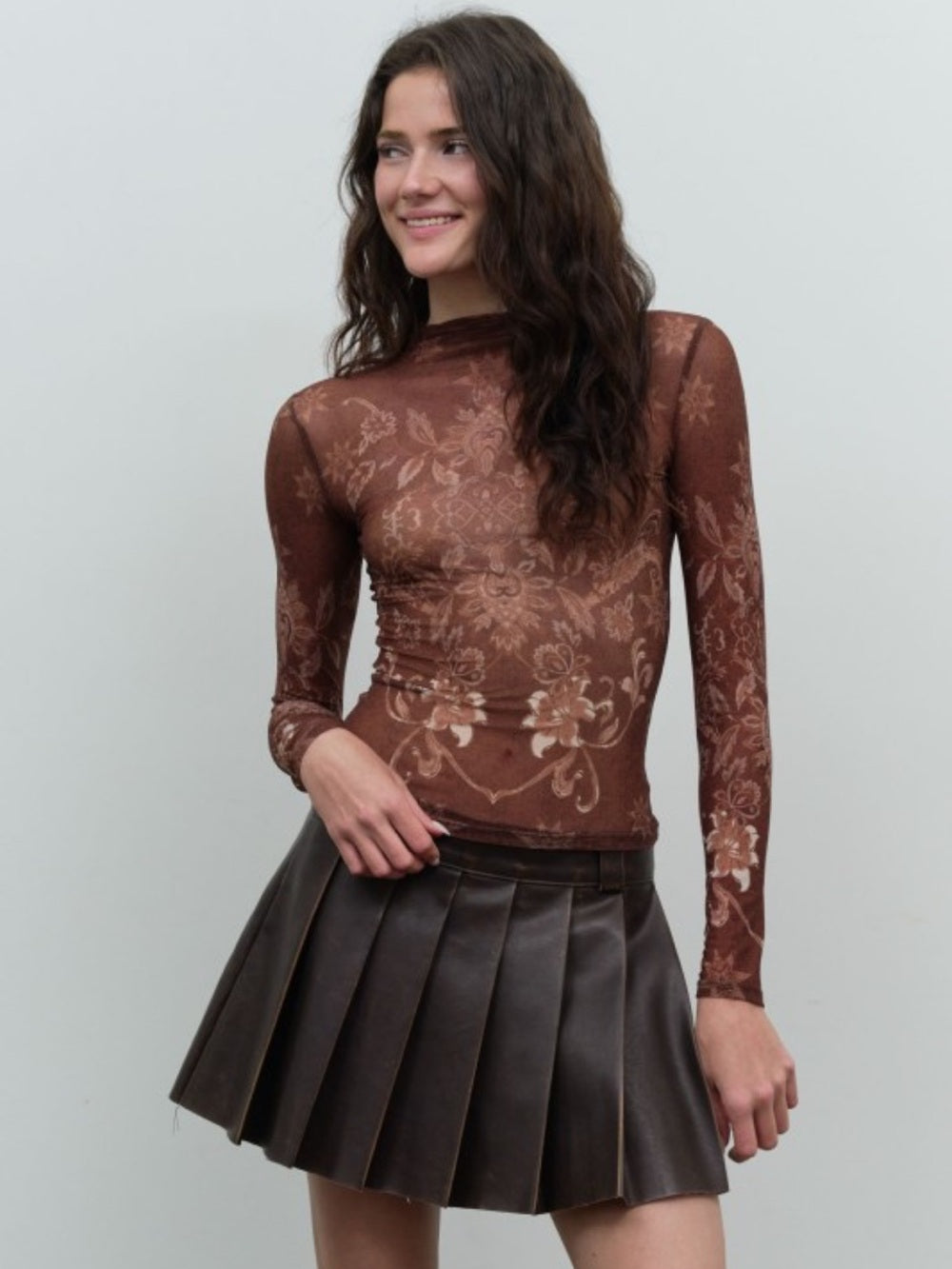 A651 Long-Sleeve Brown Sheer Mesh Floral Mock Neck Top