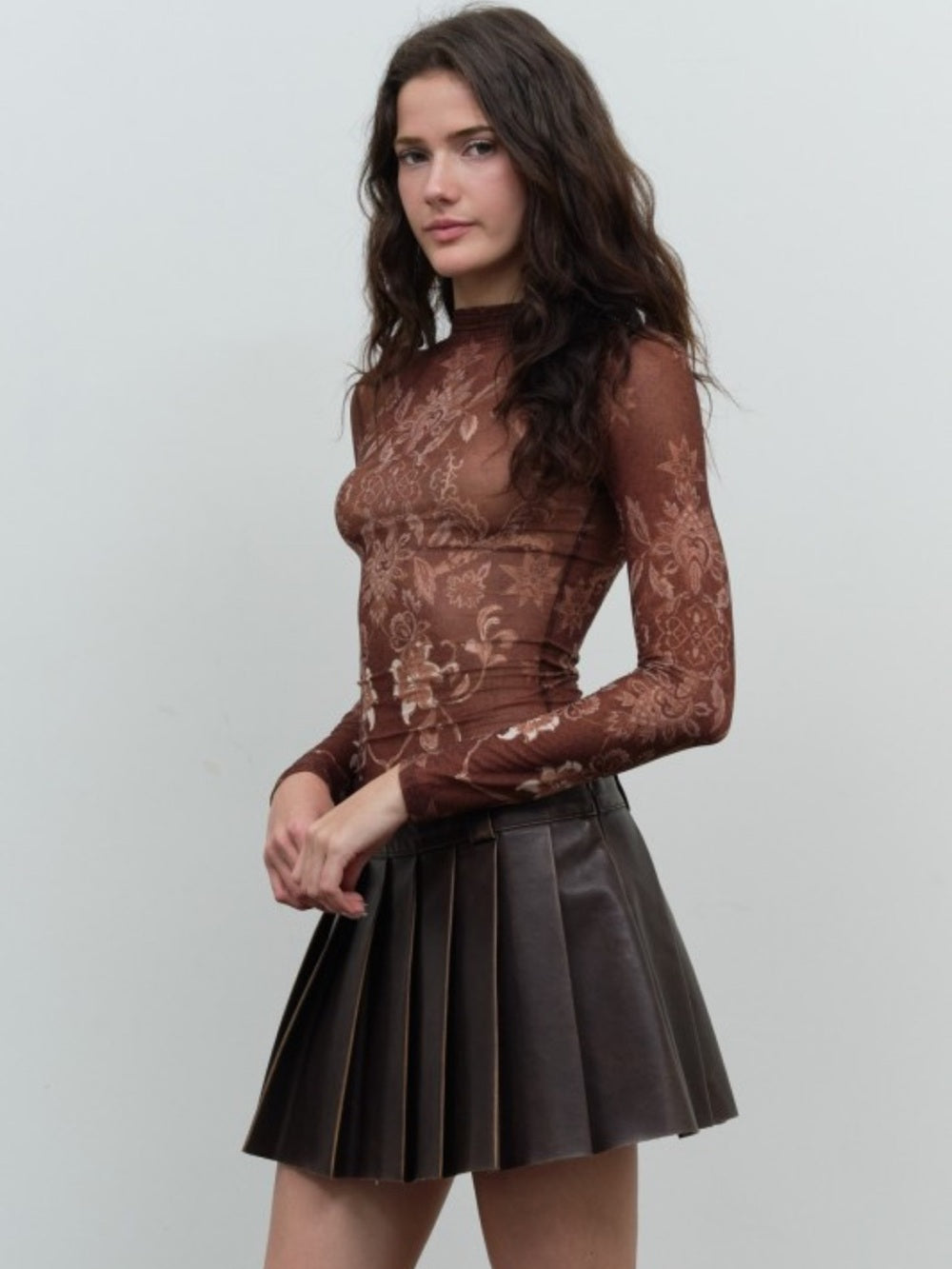A651 Long-Sleeve Brown Sheer Mesh Floral Mock Neck Top
