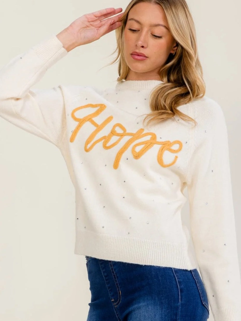 A652 "Hope" Script Embroidered Cream Sweater